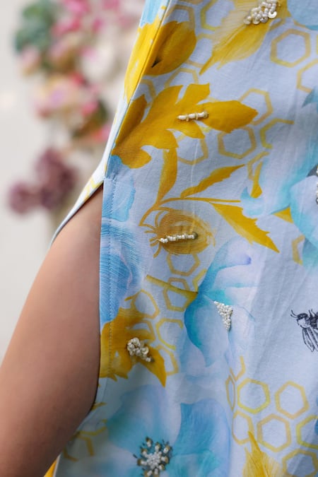 Chrkha_Blue Chanderi Silk Printed Floral Asymmetric Kaftan And Flared Pant Set _at_Aza_Fashions