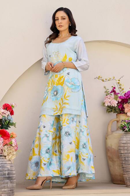 Chrkha_Blue Cotton Satin, Chanderi Silk, Floral Honeycomb Print Kurta Sharara Set _Online_at_Aza_Fashions