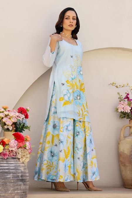 Buy_Chrkha_Blue Cotton Satin, Chanderi Silk, Floral Honeycomb Print Kurta Sharara Set _Online_at_Aza_Fashions