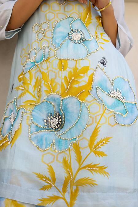 Shop_Chrkha_Blue Cotton Satin, Chanderi Silk, Floral Honeycomb Print Kurta Sharara Set _Online_at_Aza_Fashions