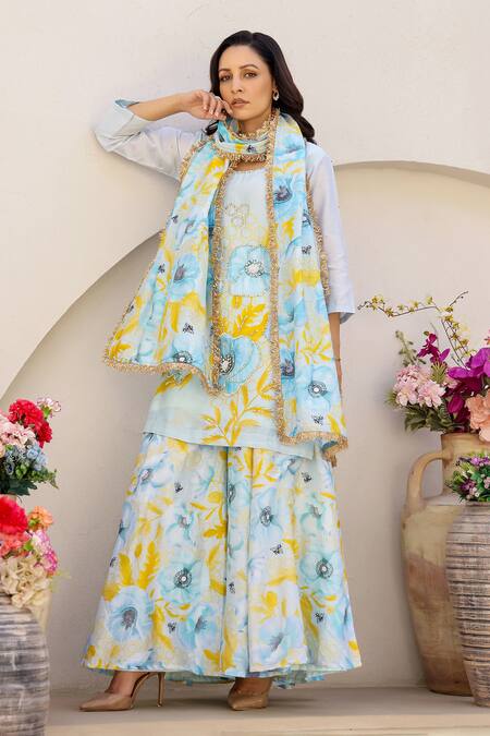 Buy_Chrkha_Blue Cotton Satin, Chanderi Silk, Floral Honeycomb Print Kurta Sharara Set 