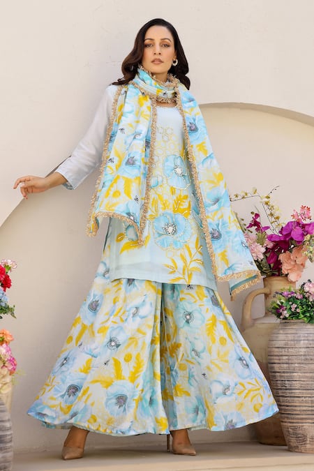 Chrkha Floral Honeycomb Print Embroidered Kurta Sharara Set 