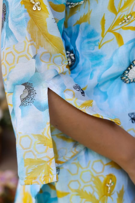 Chrkha_Blue Cotton Satin, Floral Honeycomb Print Embroidered Kurta Flared Pant Set _at_Aza_Fashions