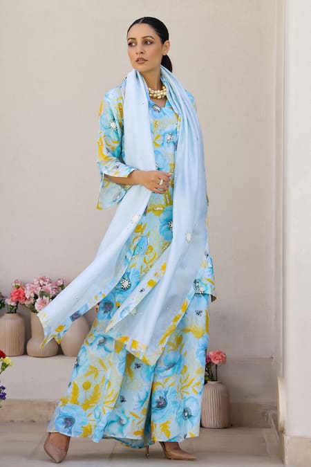 Chrkha Blue Chanderi Silk Printed Floral V Honeycomb Embroidered Kurta Flared Pant Set