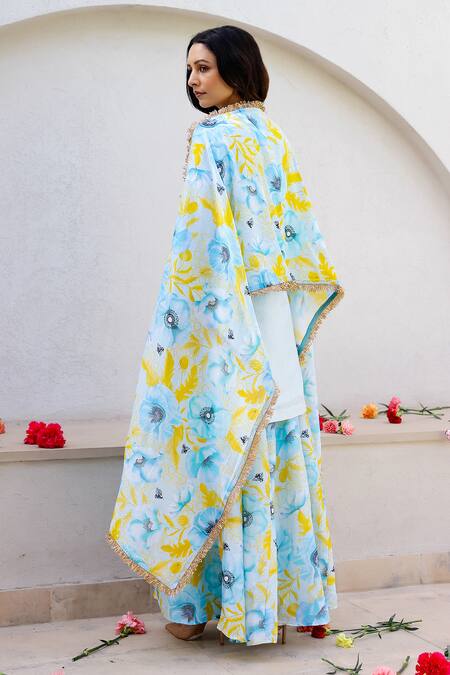 Chrkha_Blue Chanderi Silk, Linen Pearls, Floral Print Embroidered Kurta Sharara Set _Online_at_Aza_Fashions