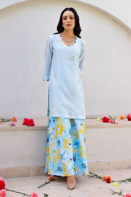 Buy_Chrkha_Blue Chanderi Silk, Linen Pearls, Floral Print Embroidered Kurta Sharara Set _Online_at_Aza_Fashions