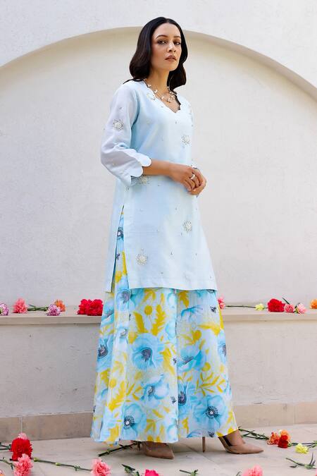 Shop_Chrkha_Blue Chanderi Silk, Linen Pearls, Floral Print Embroidered Kurta Sharara Set _Online_at_Aza_Fashions