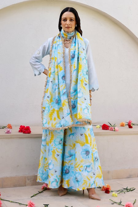 Buy_Chrkha_Blue Chanderi Silk, Linen Pearls, Floral Print Embroidered Kurta Sharara Set 