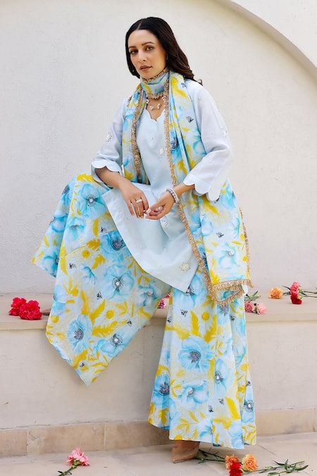 Chrkha Blue Chanderi Silk Embroidered Sequin Scalloped Floral Print Kurta Sharara Set