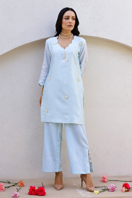 Chrkha_Blue Chanderi Silk Pearls, Sequins, Tassels Scoop Neck Embroidered Kurta Set _Online_at_Aza_Fashions