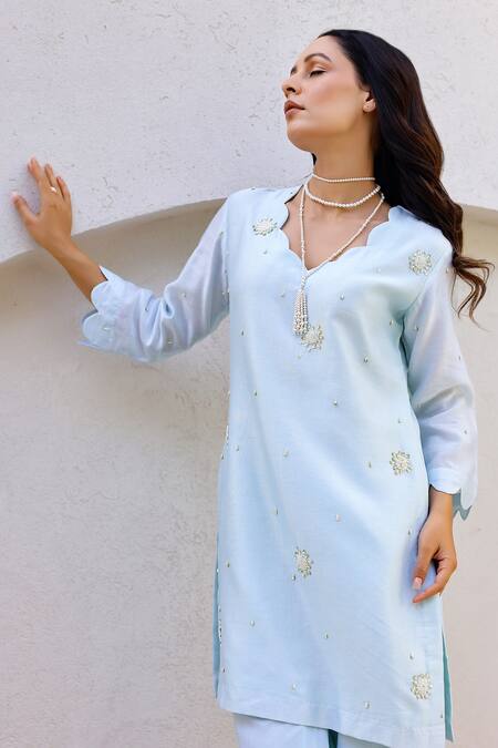 Buy_Chrkha_Blue Chanderi Silk Pearls, Sequins, Tassels Scoop Neck Embroidered Kurta Set _Online_at_Aza_Fashions