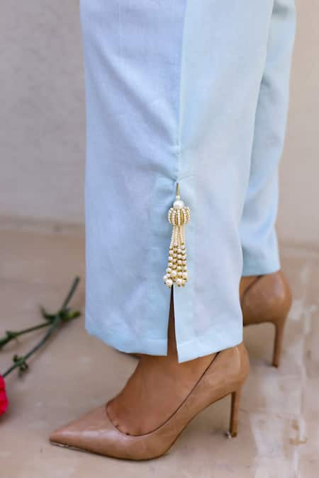 Shop_Chrkha_Blue Chanderi Silk Pearls, Sequins, Tassels Scoop Neck Embroidered Kurta Set _Online_at_Aza_Fashions