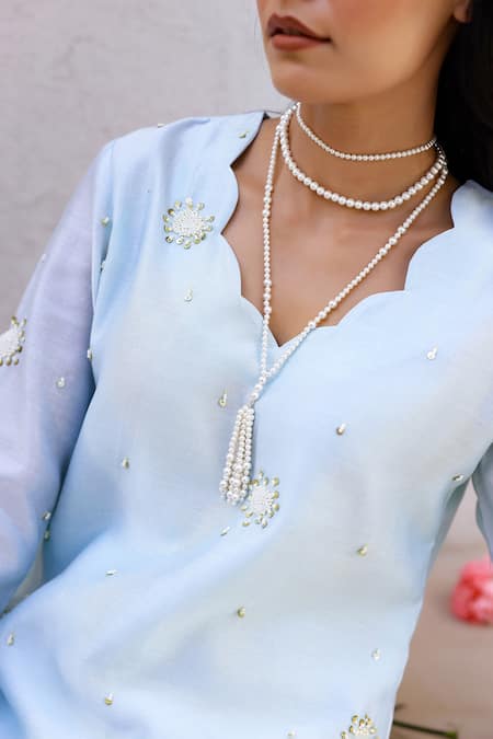 Chrkha_Blue Chanderi Silk Pearls, Sequins, Tassels Scoop Neck Embroidered Kurta Set _at_Aza_Fashions