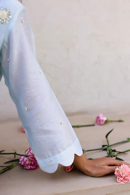 Buy_Chrkha_Blue Chanderi Silk Pearls, Sequins, Tassels Scoop Neck Embroidered Kurta Set 