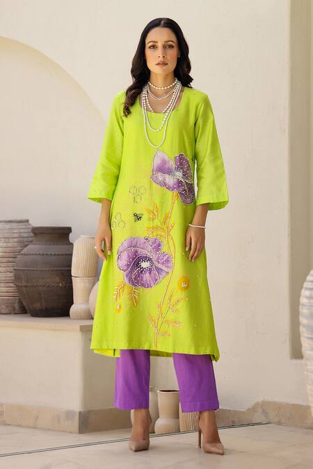 Chrkha_Green Cotton Satin, Chanderi Silk Pearls, Floral Print And Work Kurta Pant Set _Online_at_Aza_Fashions