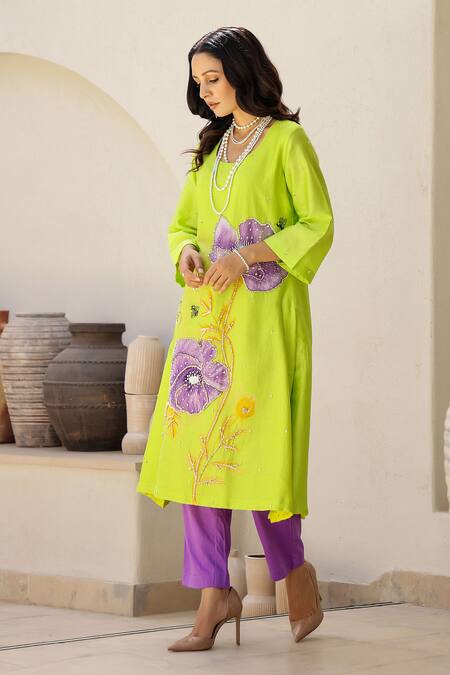 Buy_Chrkha_Green Cotton Satin, Chanderi Silk Pearls, Floral Print And Work Kurta Pant Set _Online_at_Aza_Fashions