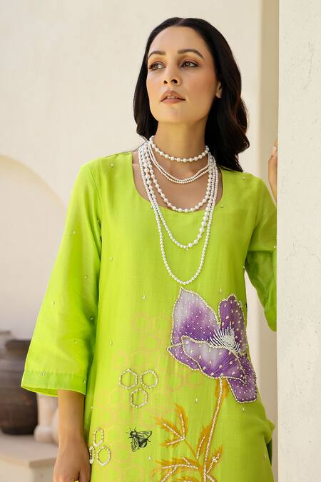Chrkha_Green Cotton Satin, Chanderi Silk Pearls, Floral Print And Work Kurta Pant Set _at_Aza_Fashions