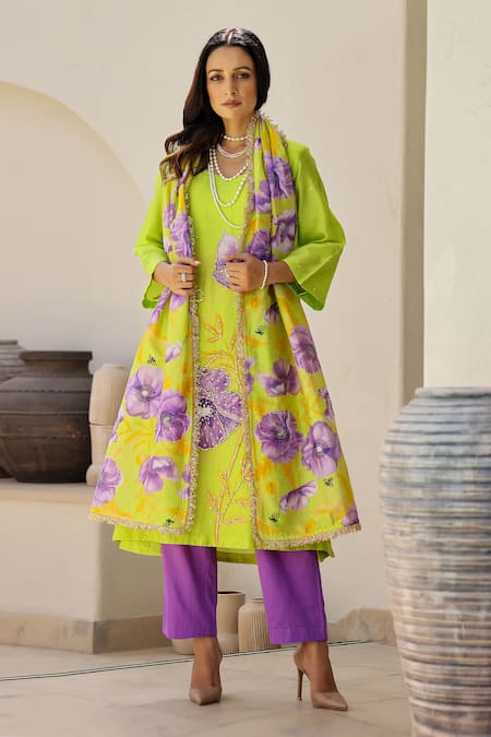 Chrkha Floral Print Sequin & Pearl Work Kurta Pant Set 