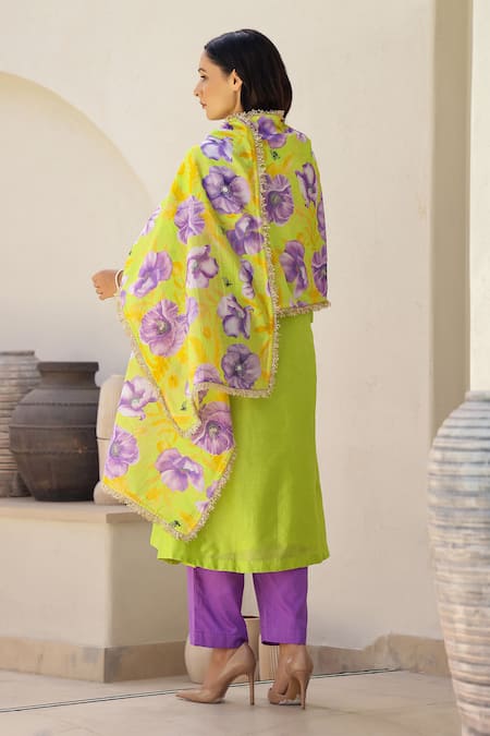 Shop_Chrkha_Green Cotton Satin, Chanderi Silk Pearls, Floral Print And Work Kurta Pant Set _at_Aza_Fashions