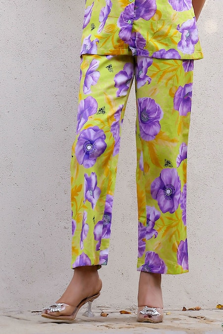 Chrkha Green Cotton Satin Printed Floral Collared Shirt And Pant Set Online at Aza Fashions Chrkha_Green Cotton Satin Printed Floral Collared Shirt And Pant Set _Online_at_Aza_Fashions