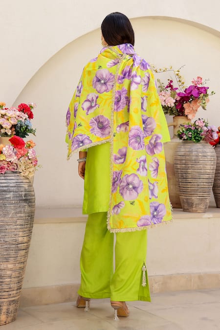 Chrkha Floral Print Embroidered Kurta Pant Set 
