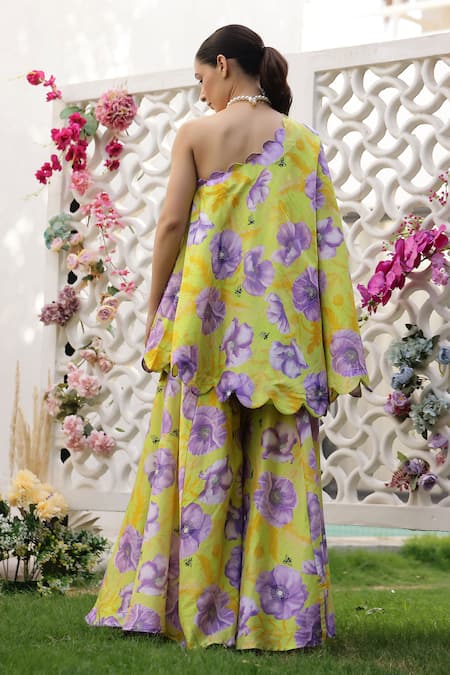 Chrkha One-Shoulder Scalloped Kaftan & Flared Pant Set 