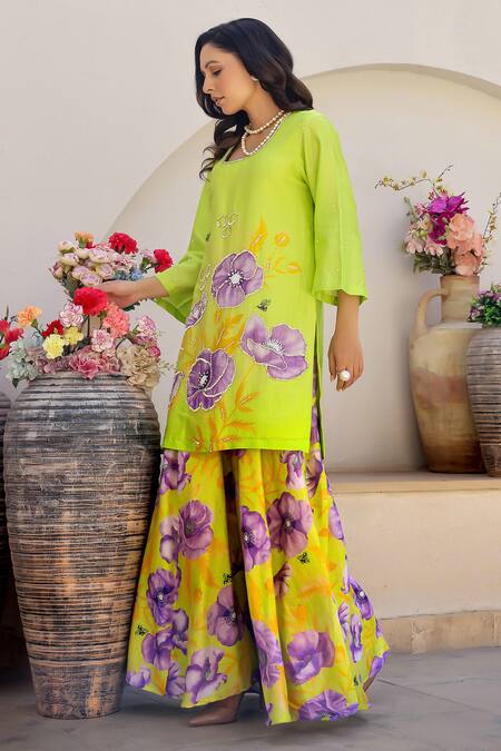 Buy_Chrkha_Green Cotton Satin, Chanderi Floral Print Straight Kurta Sharara Set _Online_at_Aza_Fashions