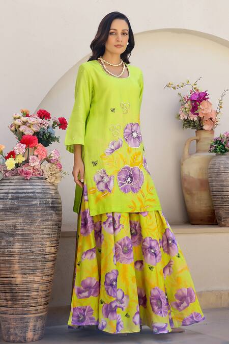 Shop_Chrkha_Green Cotton Satin, Chanderi Floral Print Straight Kurta Sharara Set _Online_at_Aza_Fashions