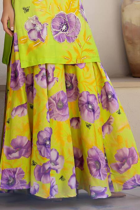 Chrkha Green Cotton Satin, Chanderi Floral Print Straight Kurta Sharara Set at Aza Fashions Chrkha_Green Cotton Satin, Chanderi Floral Print Straight Kurta Sharara Set _at_Aza_Fashions