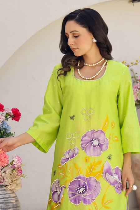 Buy_Chrkha_Green Cotton Satin, Chanderi Floral Print Straight Kurta Sharara Set 