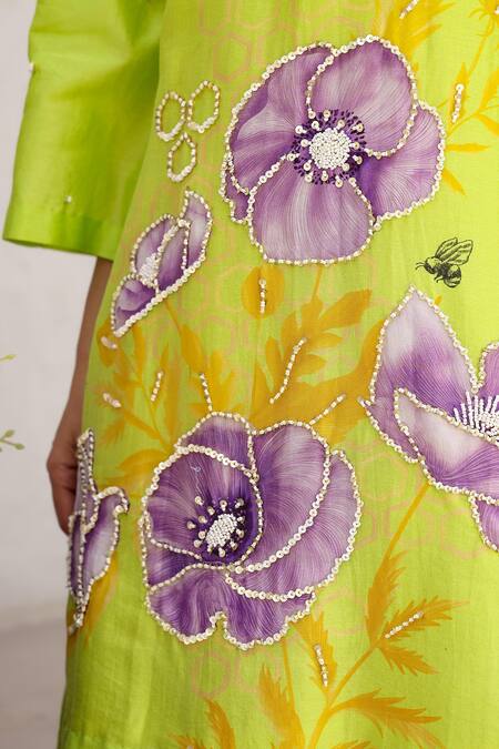 Shop_Chrkha_Green Cotton Satin, Chanderi Floral Print Straight Kurta Sharara Set 