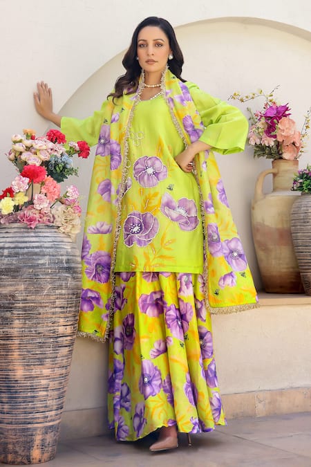 Chrkha Floral Print Straight Kurta Printed Sharara Set 