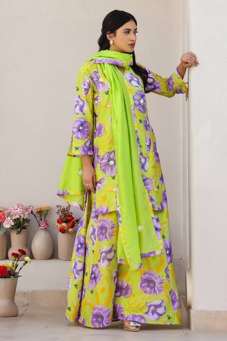 Chrkha_Green Cotton Satin, Chanderi Silk Floral Print Embroidered Kurta Flared Pant Set _Online_at_Aza_Fashions