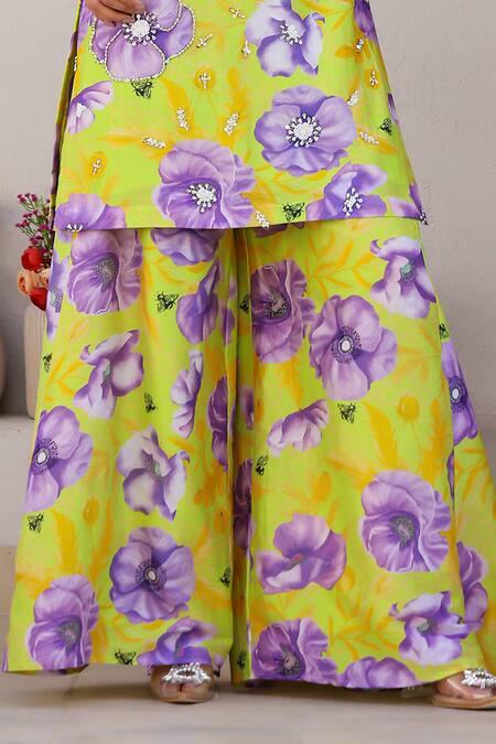 Shop Chrkha Green Cotton Satin, Chanderi Silk Floral Print Embroidered Kurta Flared Pant Set Online at Aza Fashions Shop_Chrkha_Green Cotton Satin, Chanderi Silk Floral Print Embroidered Kurta Flared Pant Set _Online_at_Aza_Fashions