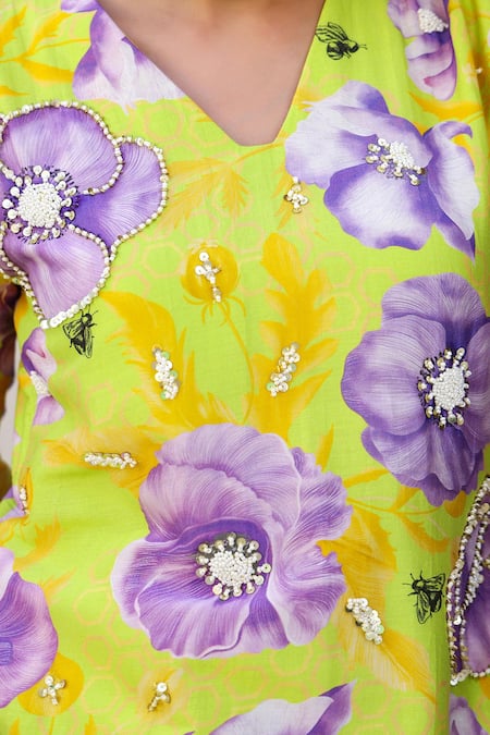 Chrkha_Green Cotton Satin, Chanderi Silk Floral Print Embroidered Kurta Flared Pant Set _at_Aza_Fashions