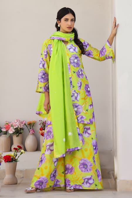 Chrkha Green Chanderi Silk Printed Floral V Neck Embroidered Kurta Flared Pant Set