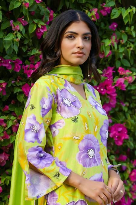 Buy_Chrkha_Green Cotton Satin, Chanderi Silk Sequins, Floral Print And Kurta Pant Set 