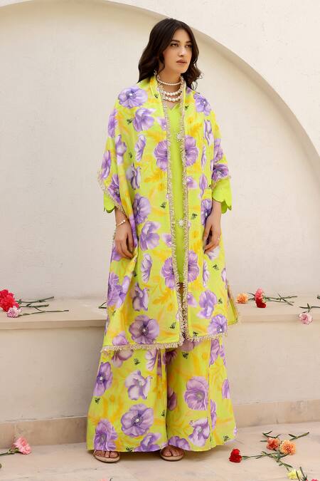 Chrkha_Green Chanderi Silk Sequins, Pearls, Embroidery Scoop Neck And Kurta Sharara Set _Online_at_Aza_Fashions