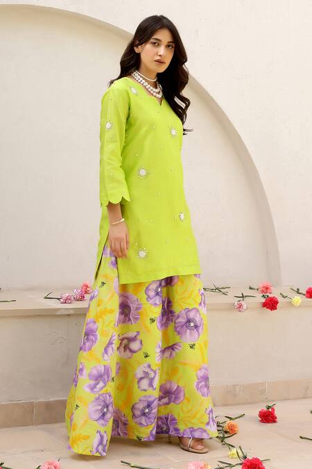 Buy_Chrkha_Green Chanderi Silk Sequins, Pearls, Embroidery Scoop Neck And Kurta Sharara Set _Online_at_Aza_Fashions