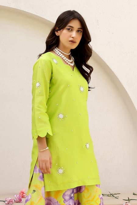 Shop Chrkha Green Chanderi Silk Sequins, Pearls, Embroidery Scoop Neck And Kurta Sharara Set Online at Aza Fashions Shop_Chrkha_Green Chanderi Silk Sequins, Pearls, Embroidery Scoop Neck And Kurta Sharara Set _Online_at_Aza_Fashions