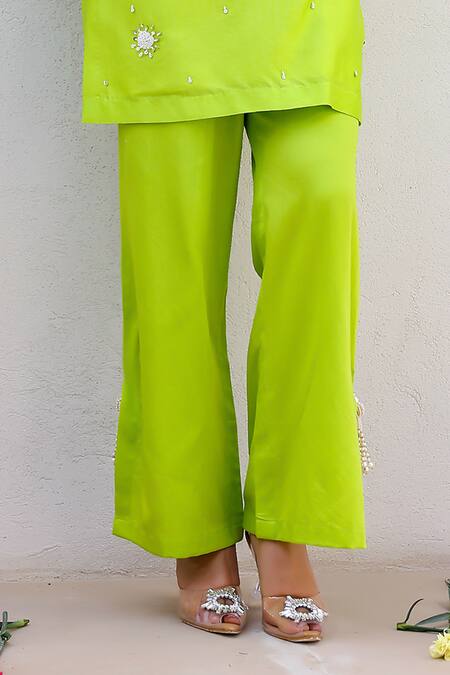 Chrkha_Green Cotton Satin, Chanderi Silk Pearls, Sequins Scoop And Work Kurta Pant Set _Online_at_Aza_Fashions