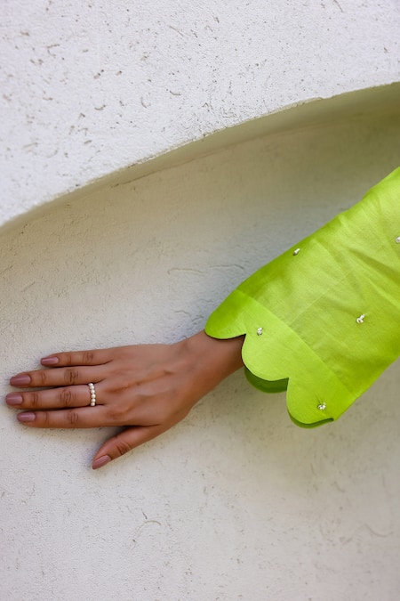 Shop_Chrkha_Green Cotton Satin, Chanderi Silk Pearls, Sequins Scoop And Work Kurta Pant Set _Online_at_Aza_Fashions