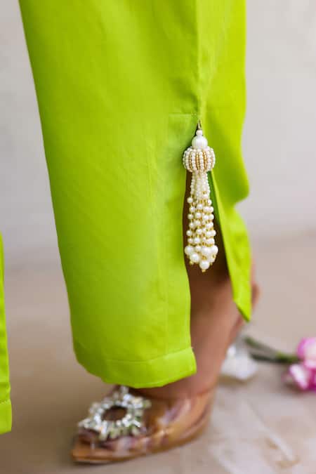 Chrkha_Green Cotton Satin, Chanderi Silk Pearls, Sequins Scoop And Work Kurta Pant Set _at_Aza_Fashions