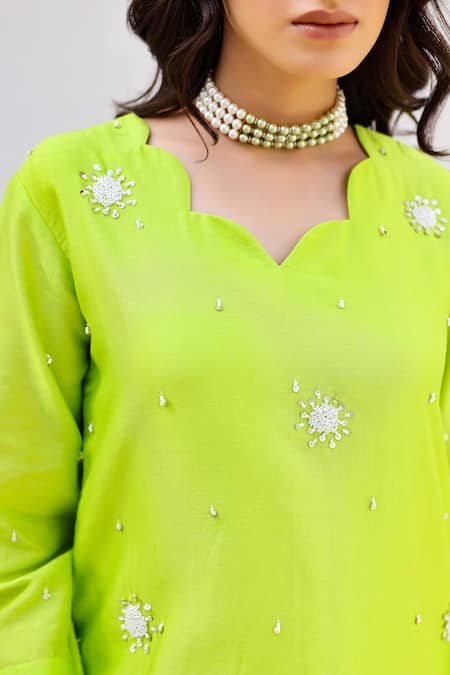 Shop_Chrkha_Green Cotton Satin, Chanderi Silk Pearls, Sequins Scoop And Work Kurta Pant Set 