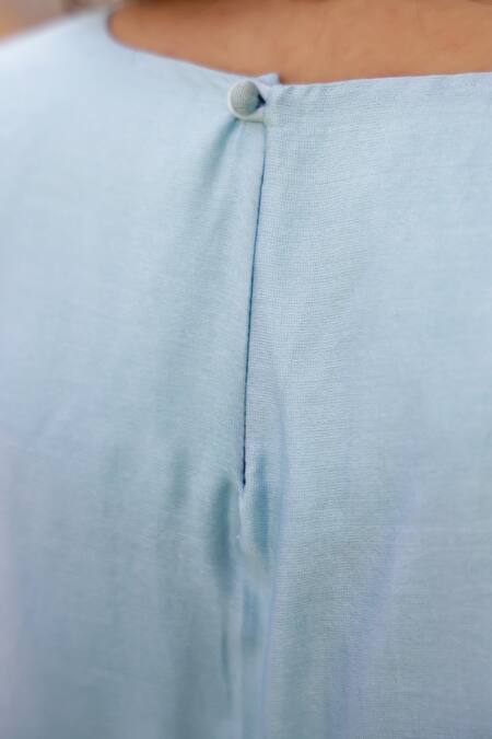 Chrkha_Blue Cotton Satin, Chanderi Silk, And Work Floral Print Kurta Flared Pant Set _Online_at_Aza_Fashions