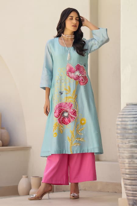 Buy_Chrkha_Blue Cotton Satin, Chanderi Silk, And Work Floral Print Kurta Flared Pant Set _Online_at_Aza_Fashions