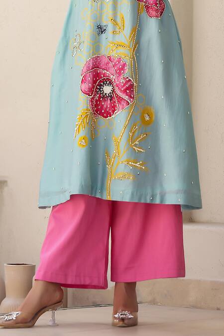 Chrkha Blue Cotton Satin, Chanderi Silk, And Work Floral Print Kurta Flared Pant Set at Aza Fashions Chrkha_Blue Cotton Satin, Chanderi Silk, And Work Floral Print Kurta Flared Pant Set _at_Aza_Fashions