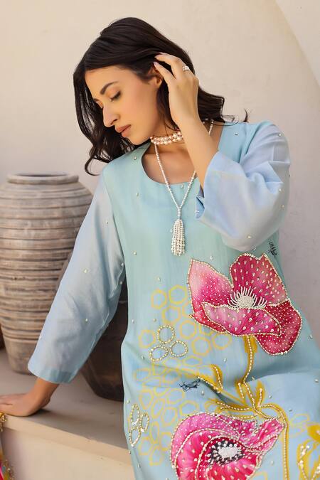 Buy_Chrkha_Blue Cotton Satin, Chanderi Silk, And Work Floral Print Kurta Flared Pant Set 