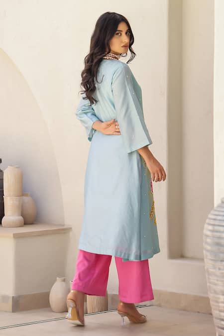 Shop_Chrkha_Blue Cotton Satin, Chanderi Silk, And Work Floral Print Kurta Flared Pant Set _at_Aza_Fashions