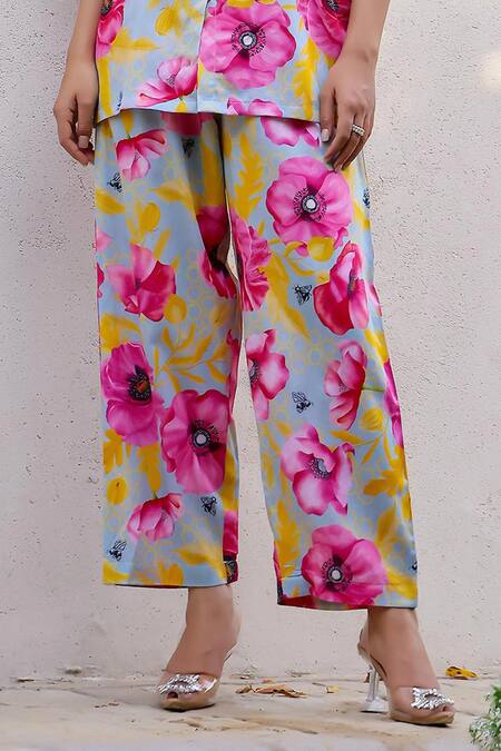 Chrkha Blue Cotton Satin Printed Floral Collared Shirt And Pant Set Online at Aza Fashions Chrkha_Blue Cotton Satin Printed Floral Collared Shirt And Pant Set _Online_at_Aza_Fashions